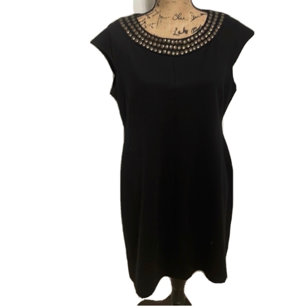 Style & Co. size 16 black cap sleeve dress with brass details on the neckline